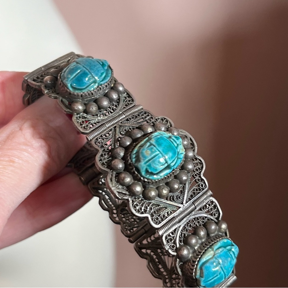 Antique Art Deco Sterling Silver Egyptian turquoise Scarab Beetle wide Bracelet - Picture 3 of 17